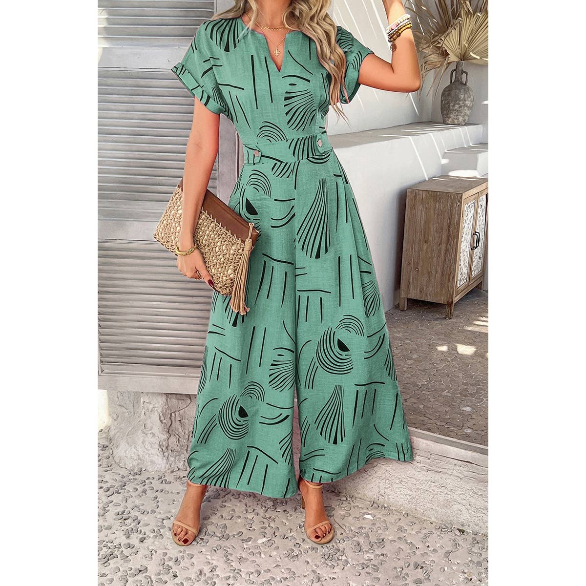 Allover Print V Neck Tie Waist Pockets Jumpsuit - MVTFASHION.COM