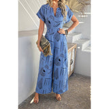 Allover Print V Neck Tie Waist Pockets Jumpsuit - MVTFASHION.COM