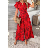 Allover Print V Neck Tie Waist Pockets Jumpsuit - MVTFASHION.COM