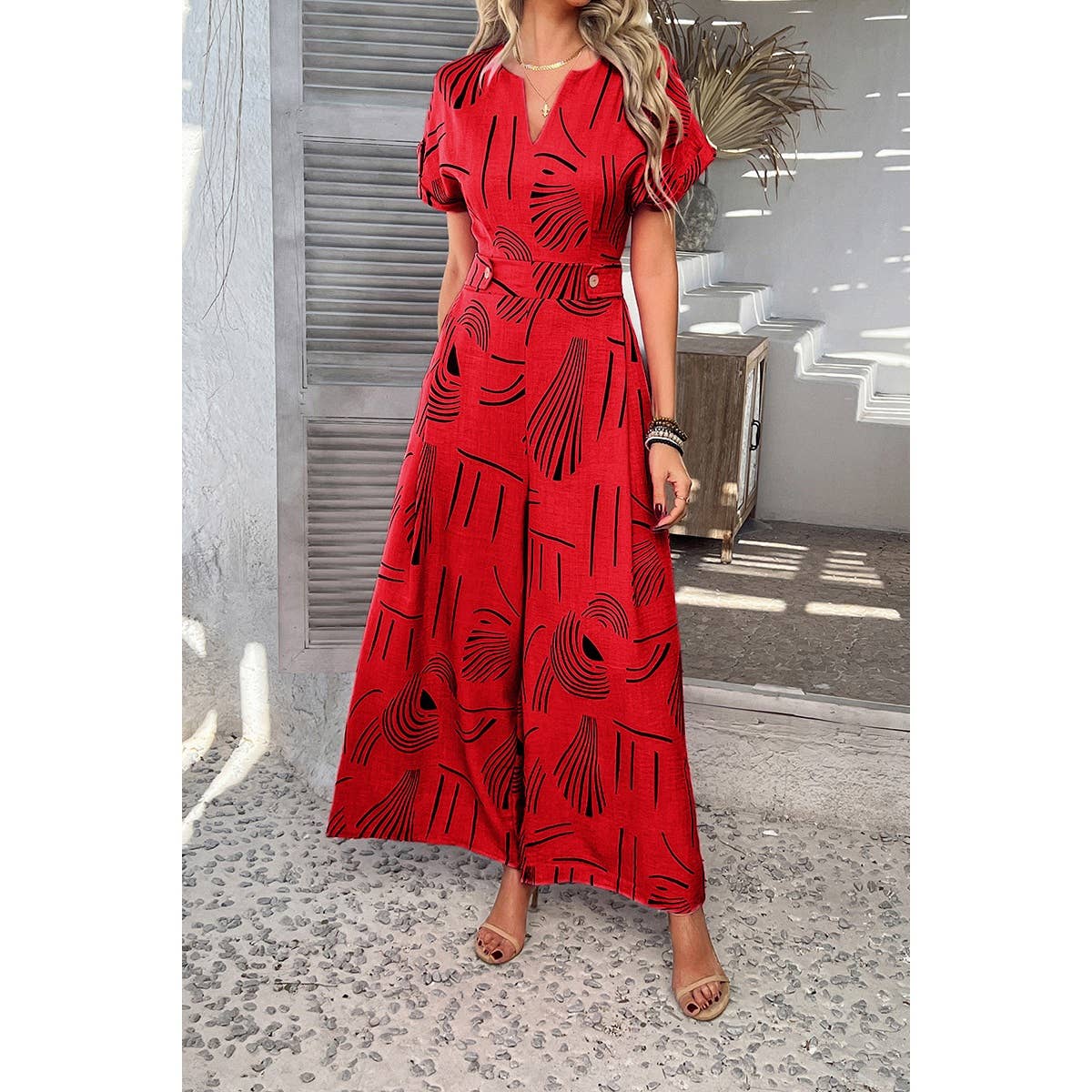 Allover Print V Neck Tie Waist Pockets Jumpsuit - MVTFASHION.COM