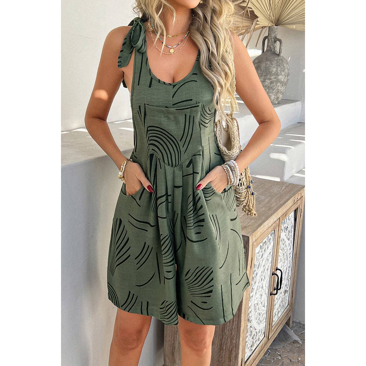 Allover Printed Tie Shoulder Pockets Romper - MVTFASHION.COM