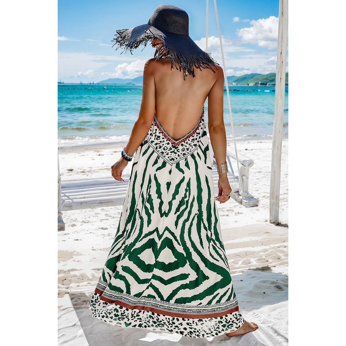 Amimal Print Halter Deep V Ruffle Maxi Dress - MVTFASHION.COM