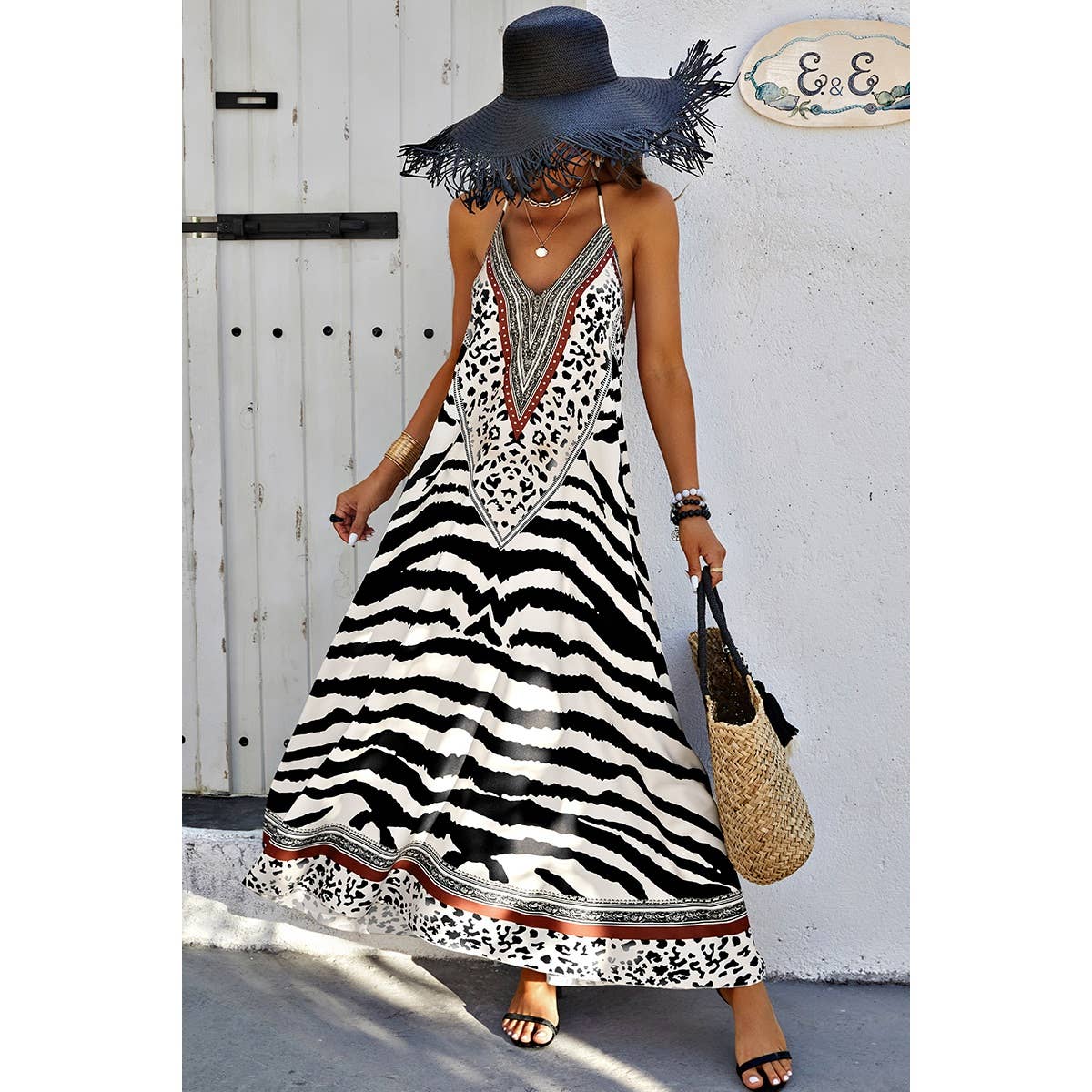 Amimal Print Halter Deep V Ruffle Maxi Dress - MVTFASHION.COM