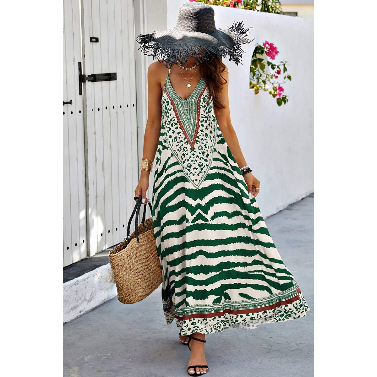 Amimal Print Halter Deep V Ruffle Maxi Dress - MVTFASHION.COM