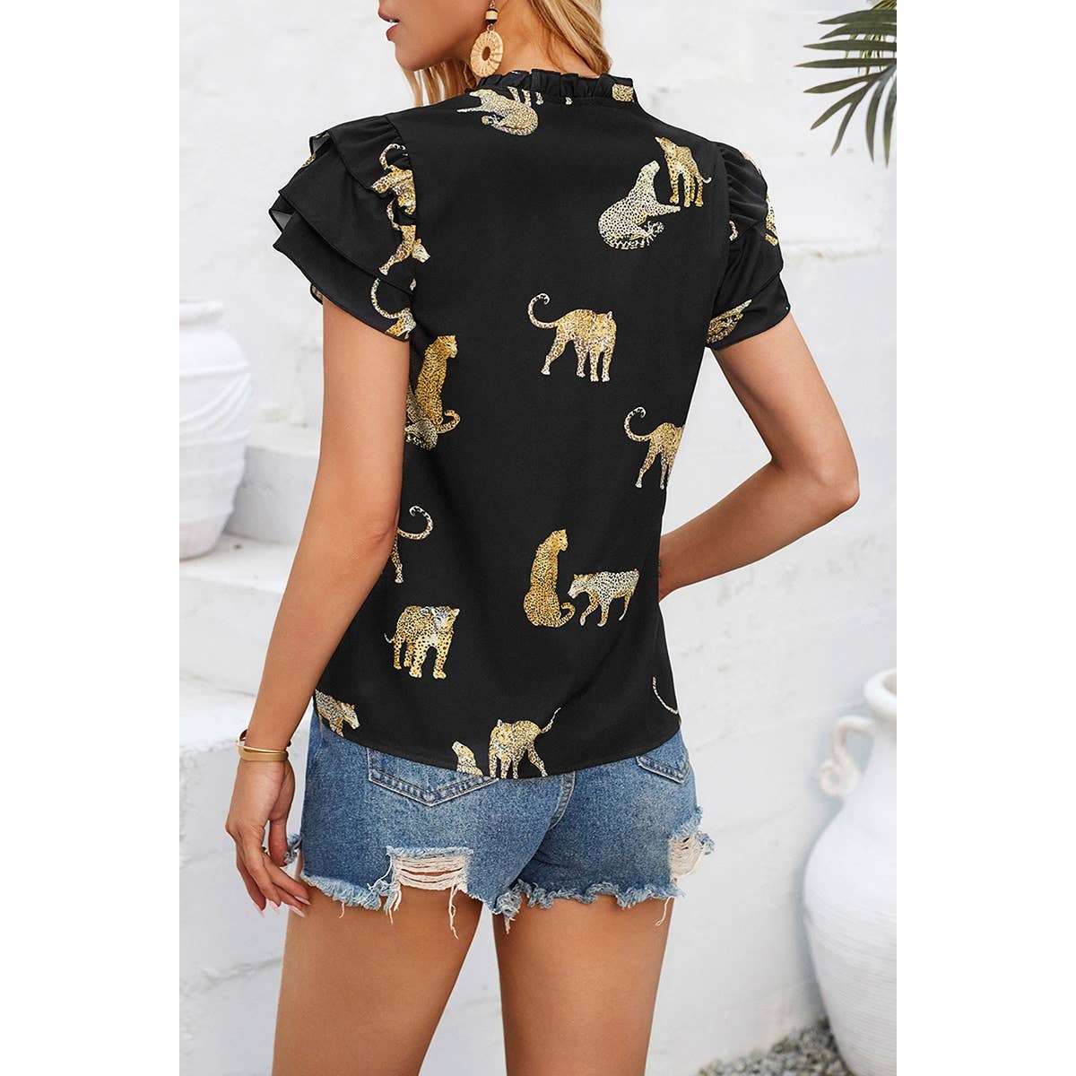 Animal Print Ruffle V Neck Loose Fit Blouse - MVTFASHION.COM