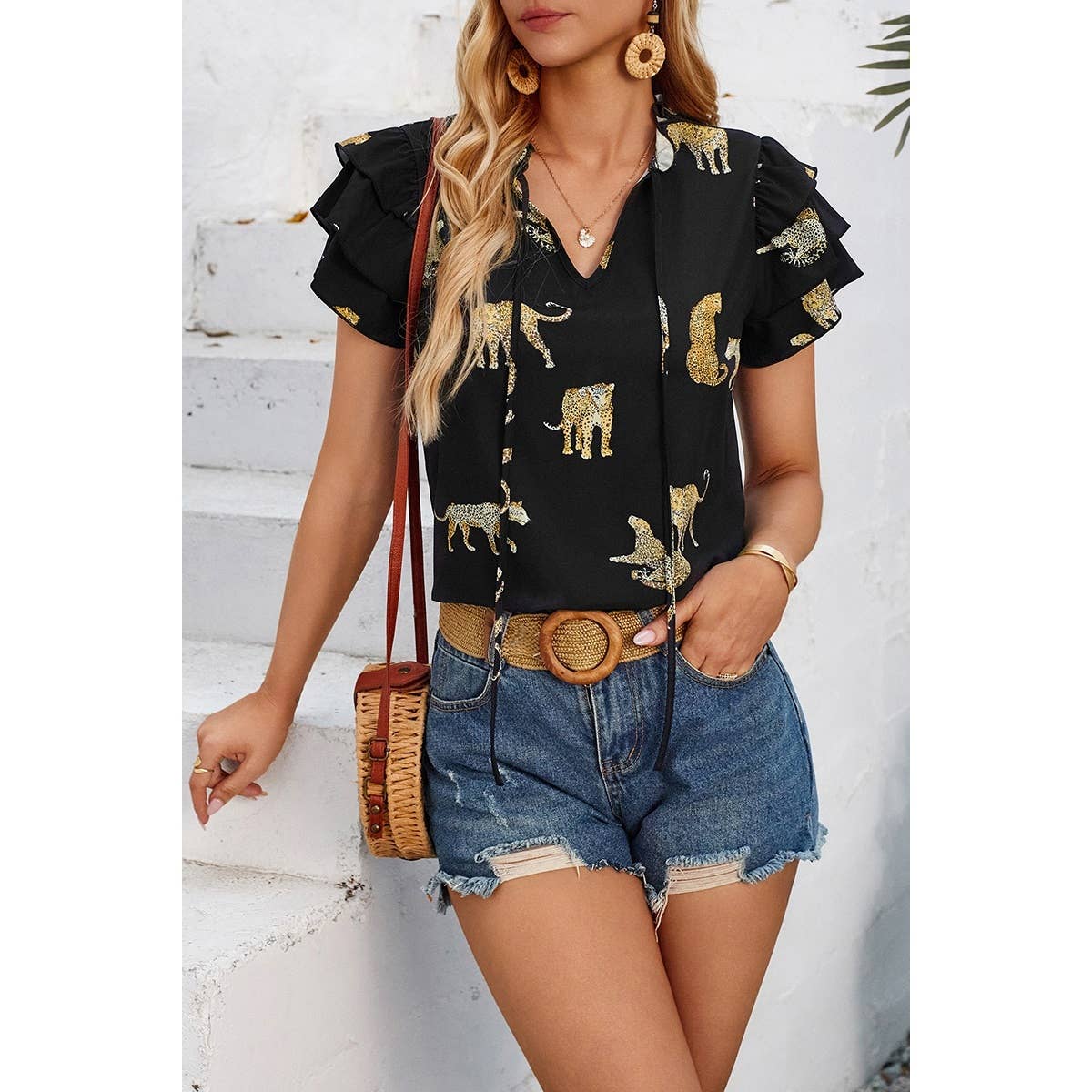 Animal Print Ruffle V Neck Loose Fit Blouse - MVTFASHION.COM