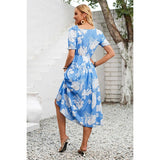 Asymmetric Neck Floral Color Block Puff Dress - MVTFASHION.COM