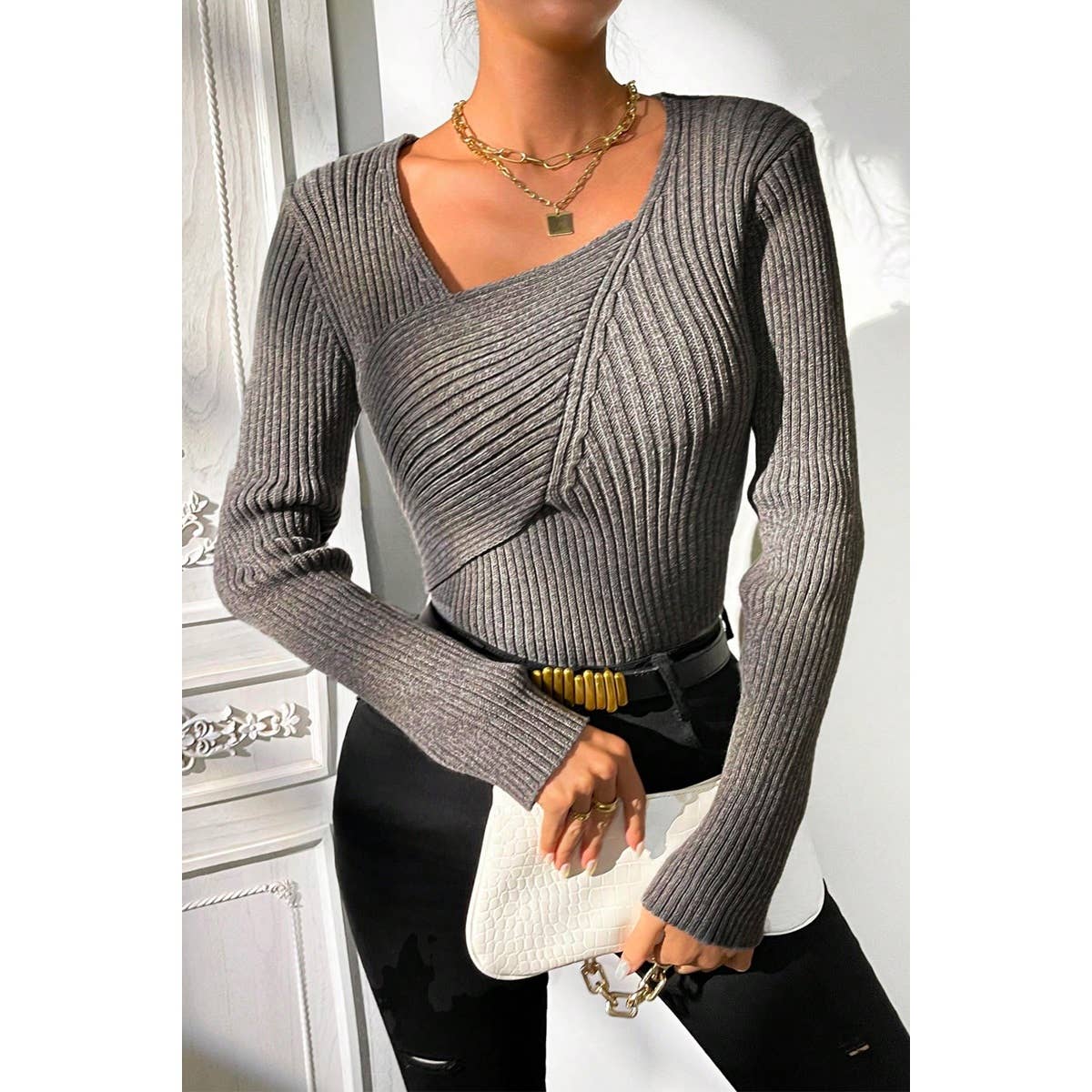 Asymmetrical Neck Knit Elastic Fit Solid Sweater - MVTFASHION.COM