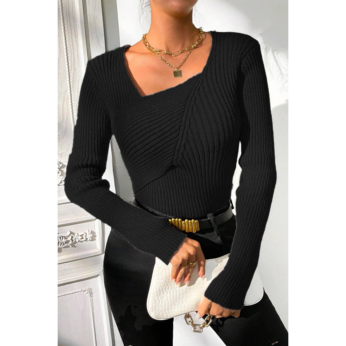 Asymmetrical Neck Knit Elastic Fit Solid Sweater - MVTFASHION.COM