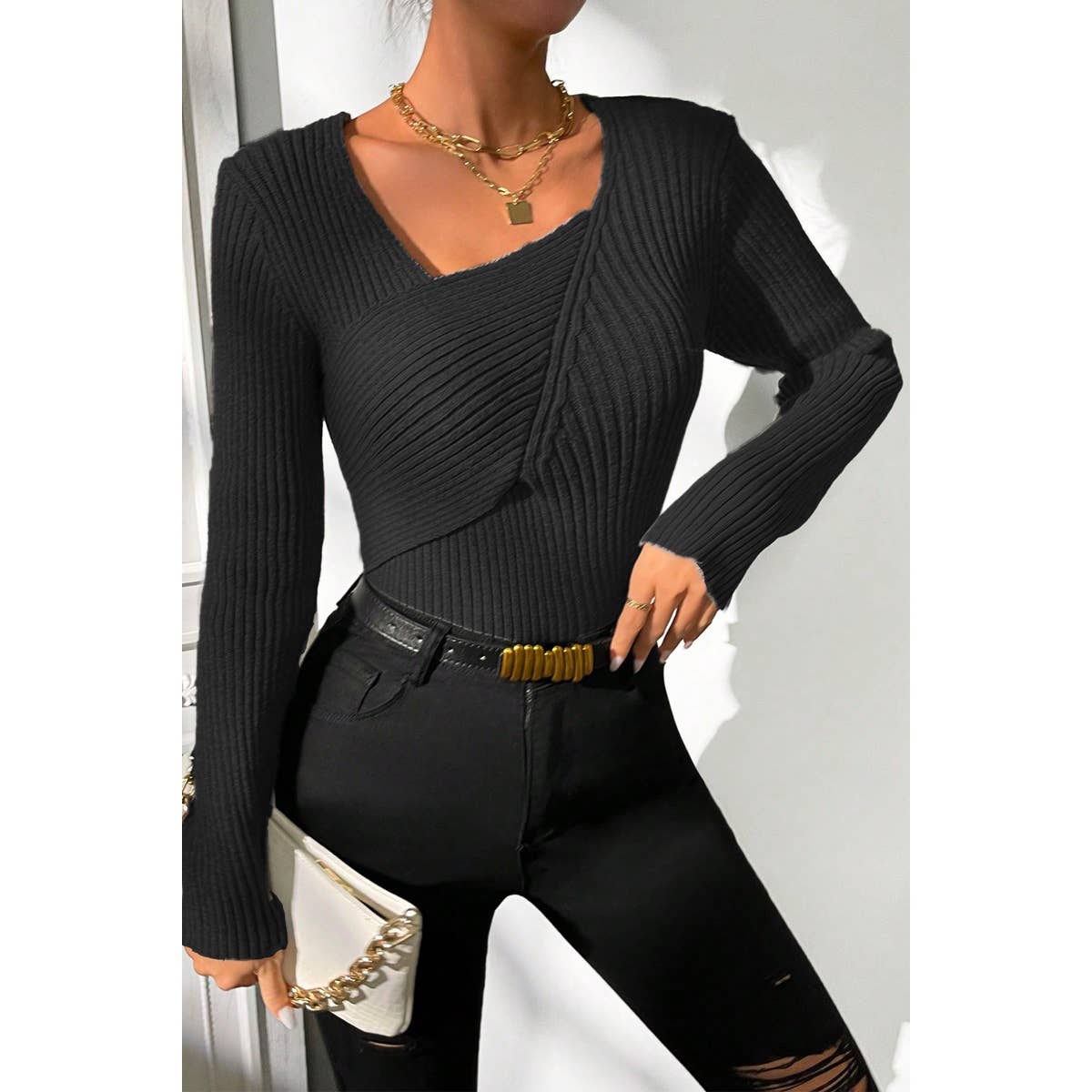 Asymmetrical Neck Knit Elastic Fit Solid Sweater - MVTFASHION.COM