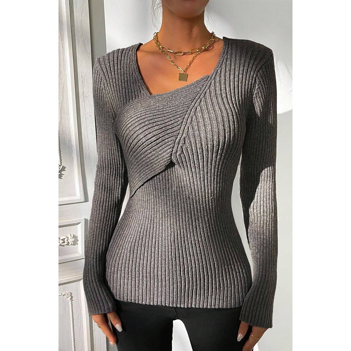 Asymmetrical Neck Knit Elastic Fit Solid Sweater - MVTFASHION.COM