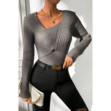 Asymmetrical Neck Knit Elastic Fit Solid Sweater - MVTFASHION.COM