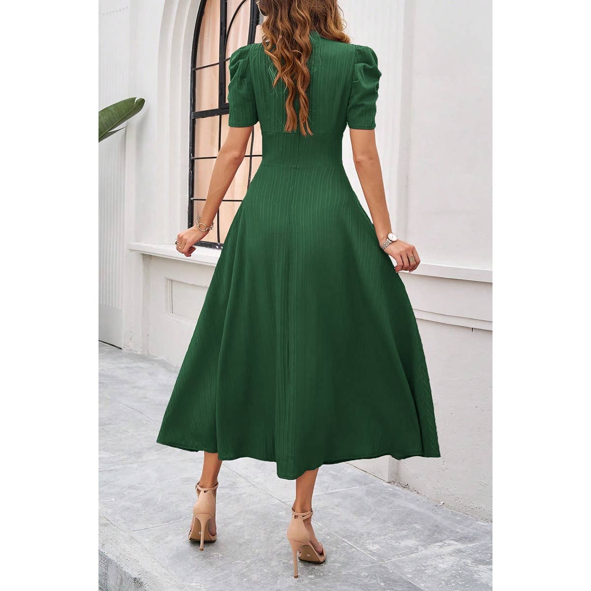 V Neck Solid Puff Sleeves Fit Full Dress - MVTFASHION.COM