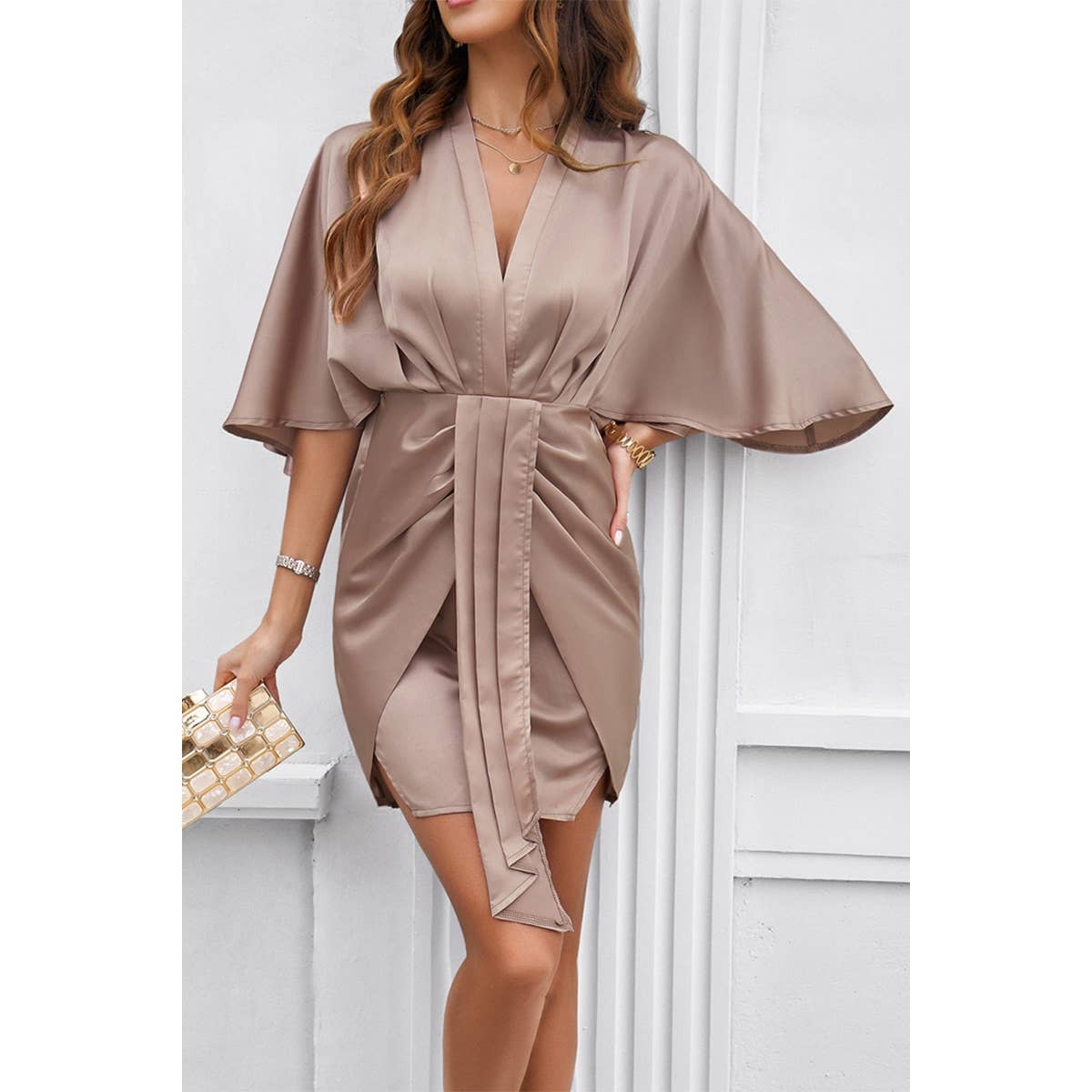 Bate Sleeves V Neck Ruched V Neck Fit Dress - MVTFASHION.COM