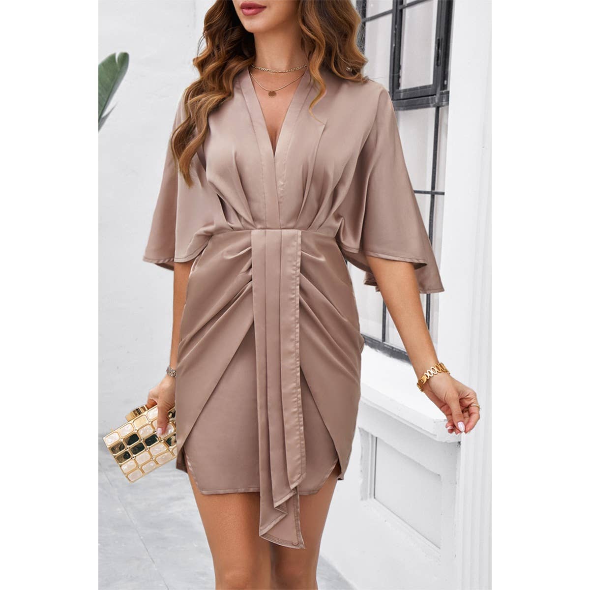 Bate Sleeves V Neck Ruched V Neck Fit Dress - MVTFASHION.COM