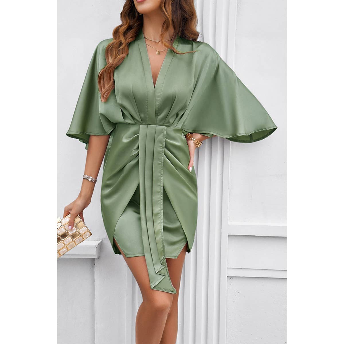 Bate Sleeves V Neck Ruched V Neck Fit Dress - MVTFASHION.COM