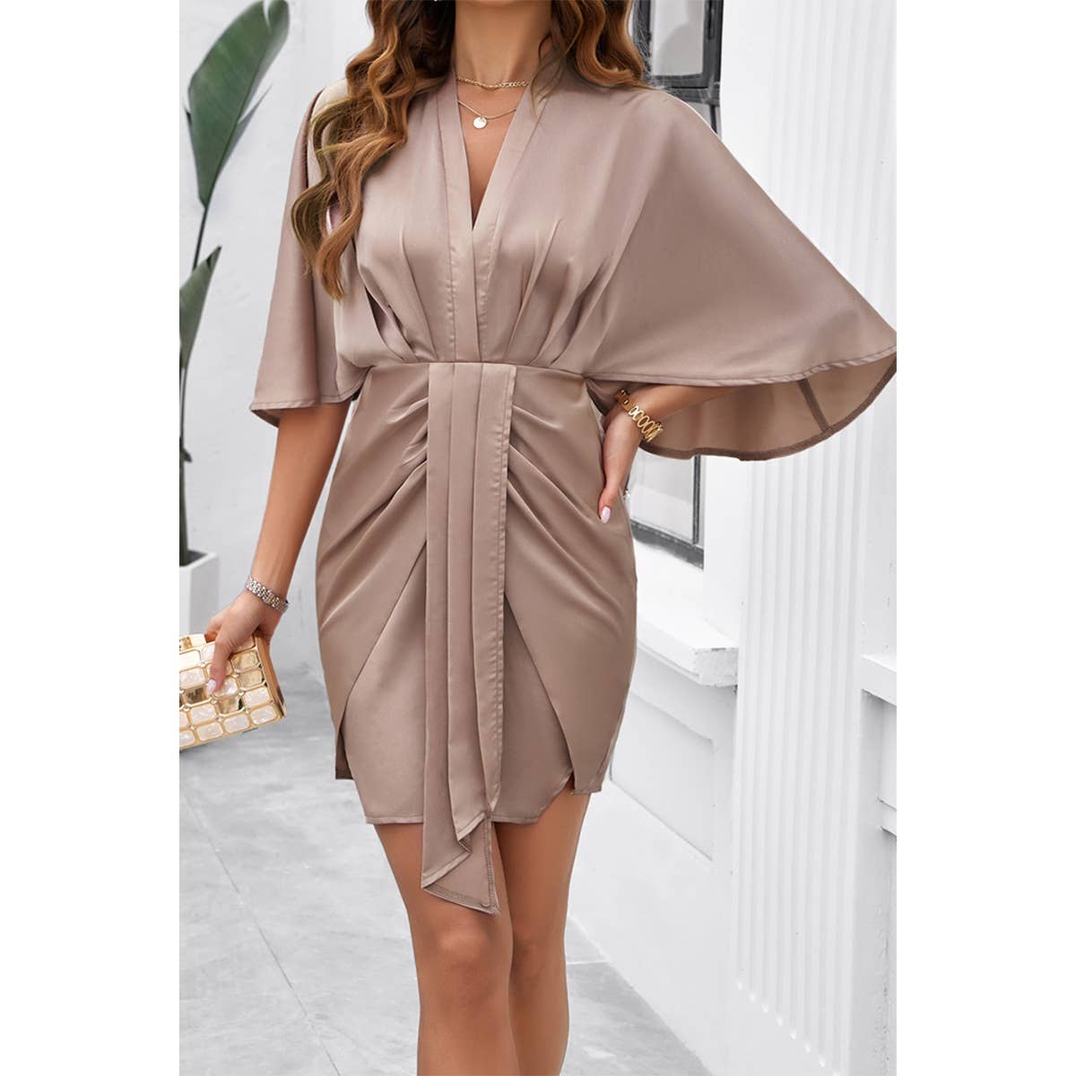 Bate Sleeves V Neck Ruched V Neck Fit Dress - MVTFASHION.COM