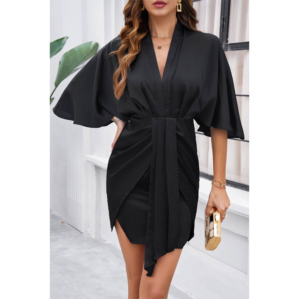 Bate Sleeves V Neck Ruched V Neck Fit Dress - MVTFASHION.COM