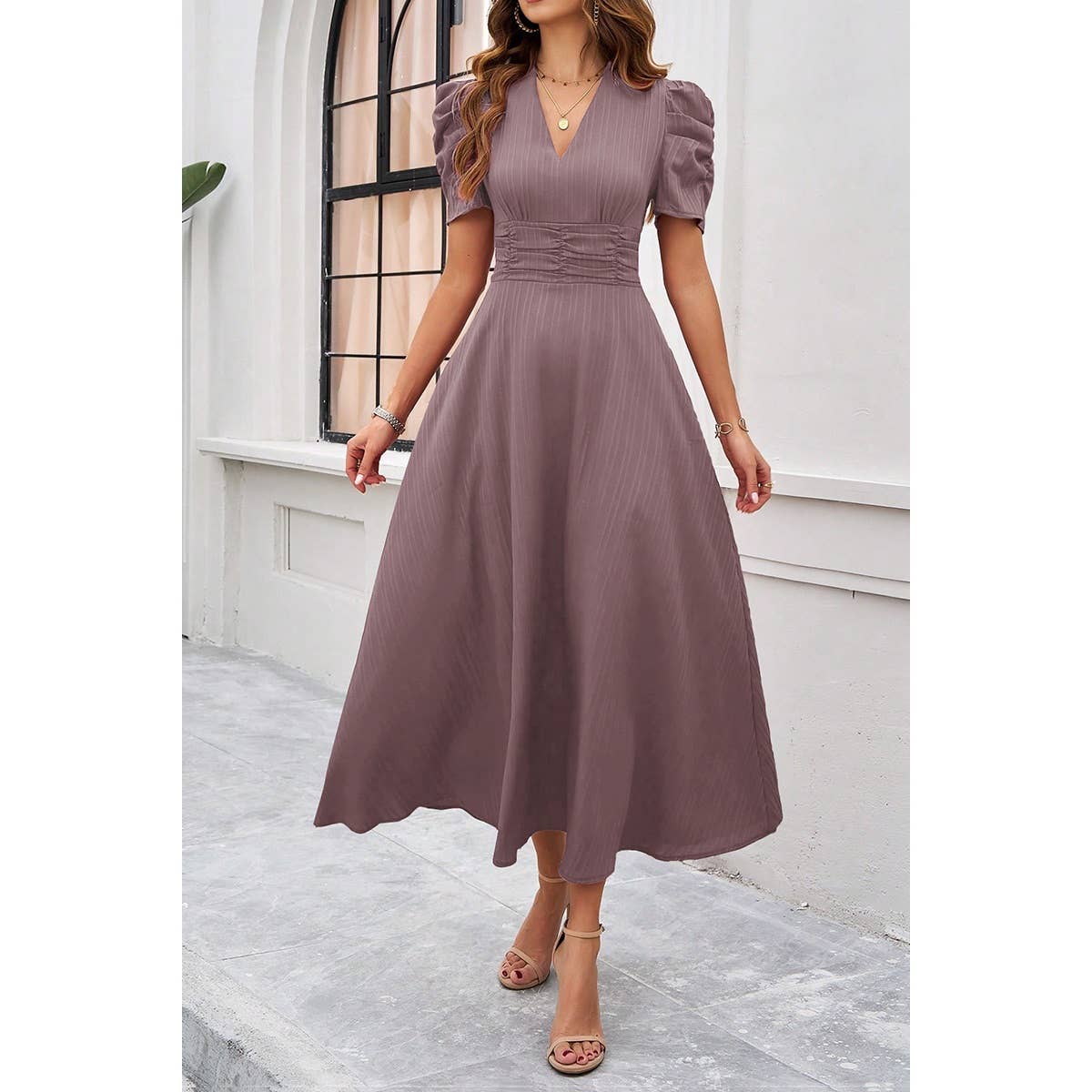 V Neck Solid Puff Sleeves Fit Full Dress - MVTFASHION.COM