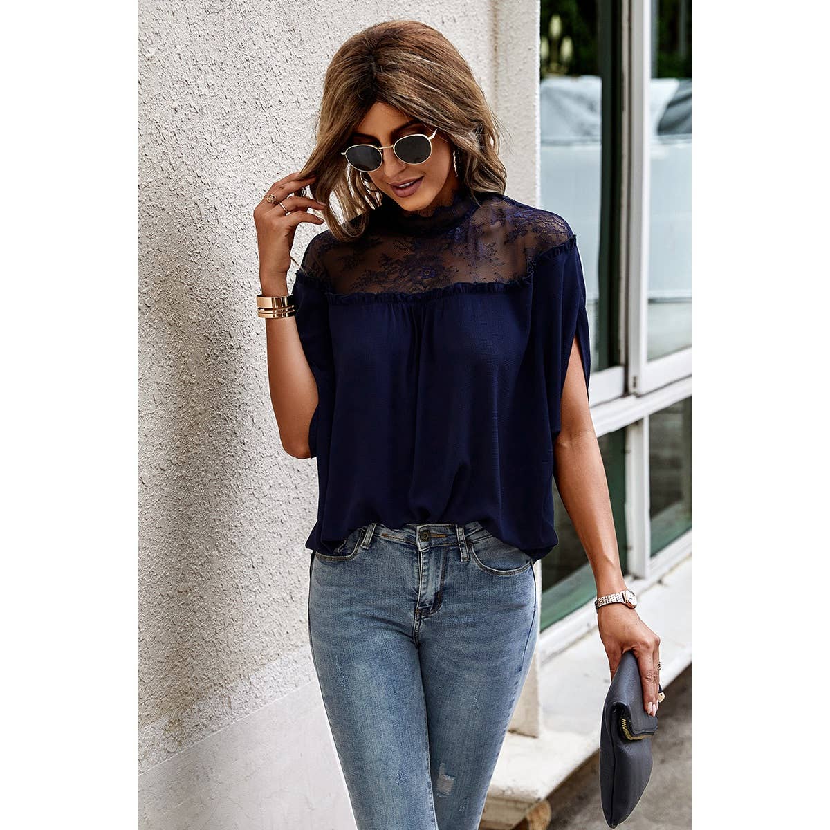 Boho Floral Mesh Lace Solid Blouse - MVTFASHION.COM