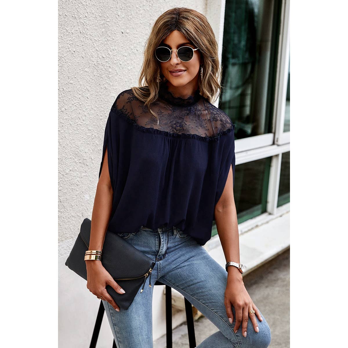 Boho Floral Mesh Lace Solid Blouse - MVTFASHION.COM