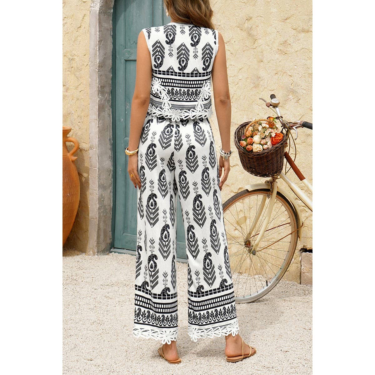 Boho Print Two Piece Sleeveless Button Lace Trim Set - MVTFASHION.COM