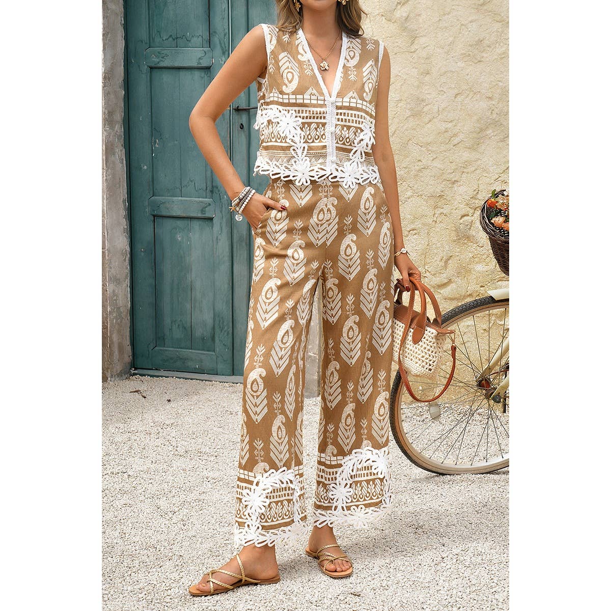 Boho Print Two Piece Sleeveless Button Lace Trim Set - MVTFASHION.COM