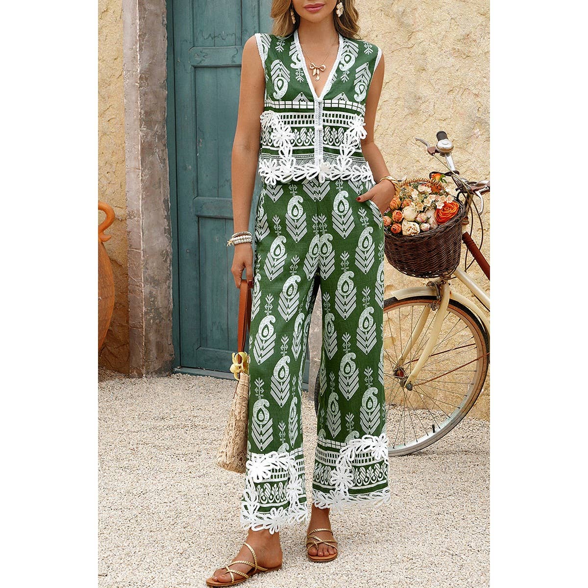 Boho Print Two Piece Sleeveless Button Lace Trim Set - MVTFASHION.COM