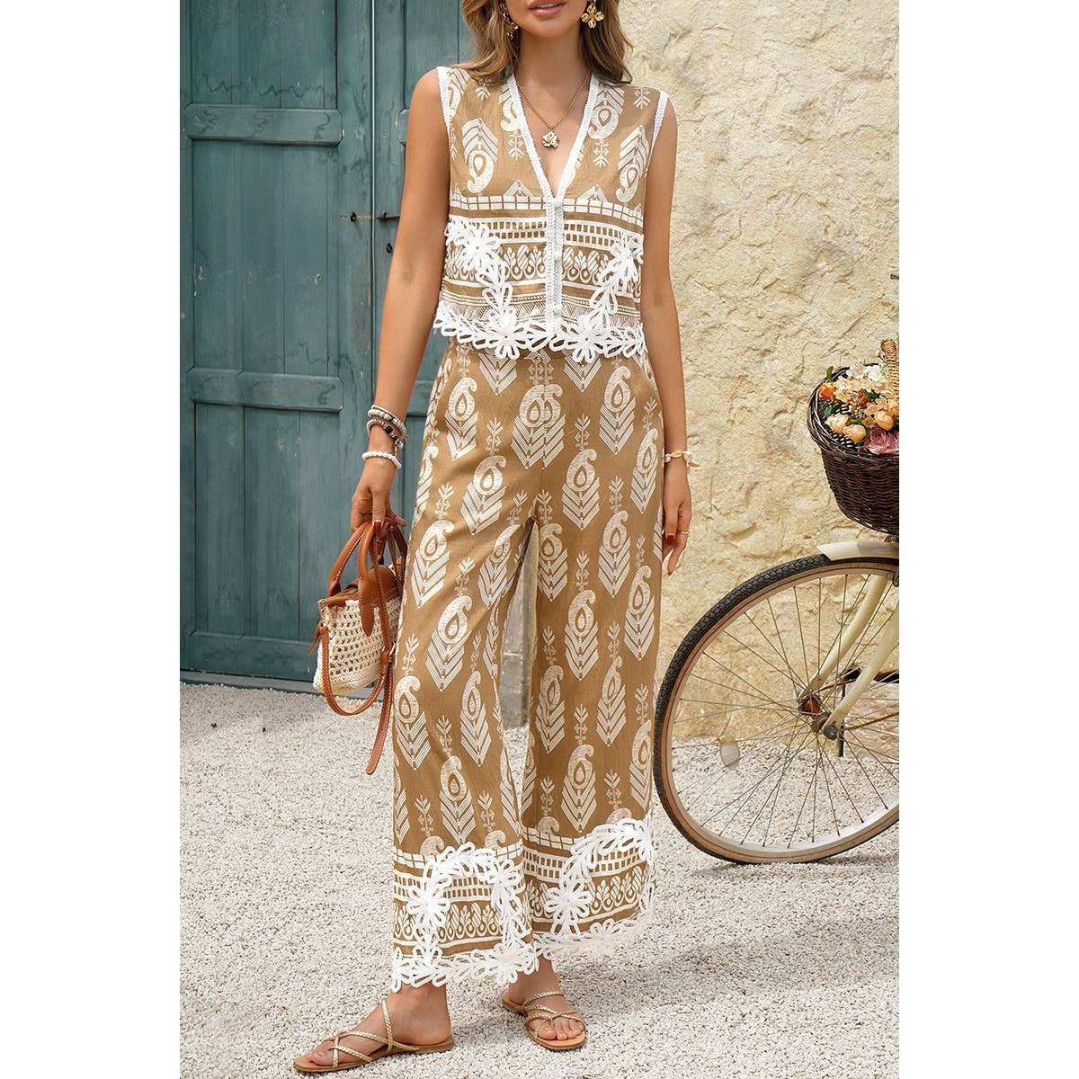 Boho Print Two Piece Sleeveless Button Lace Trim Set - MVTFASHION.COM