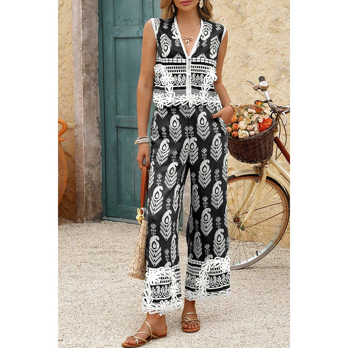 Boho Print Two Piece Sleeveless Button Lace Trim Set - MVTFASHION.COM