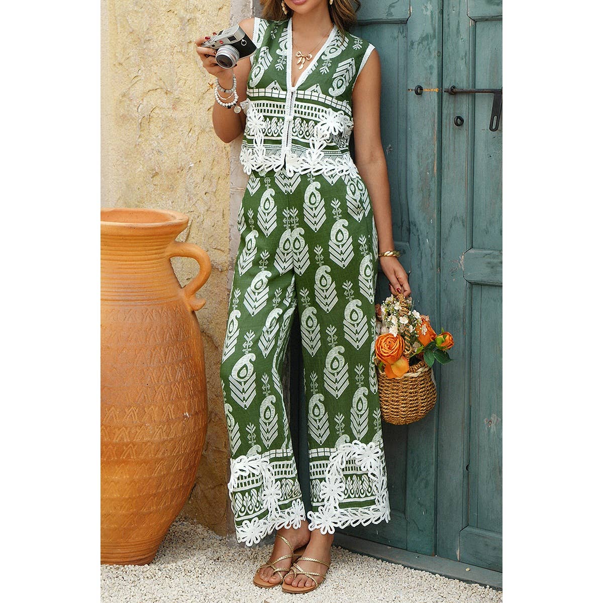 Boho Print Two Piece Sleeveless Button Lace Trim Set - MVTFASHION.COM