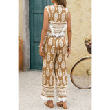 Boho Print Two Piece Sleeveless Button Lace Trim Set - MVTFASHION.COM