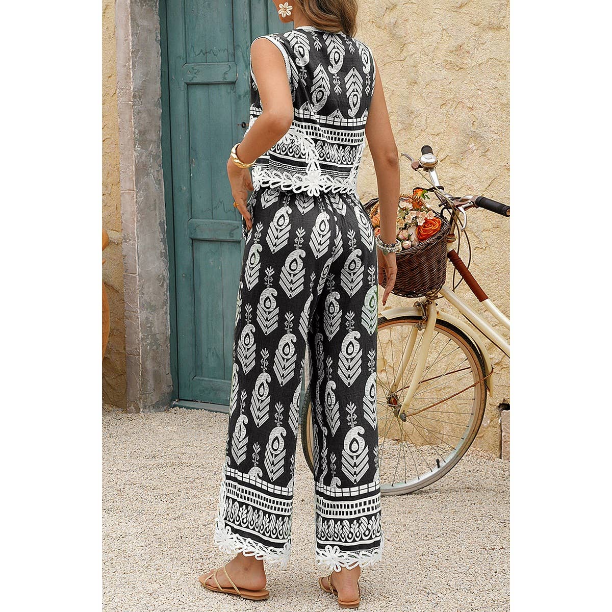 Boho Print Two Piece Sleeveless Button Lace Trim Set - MVTFASHION.COM