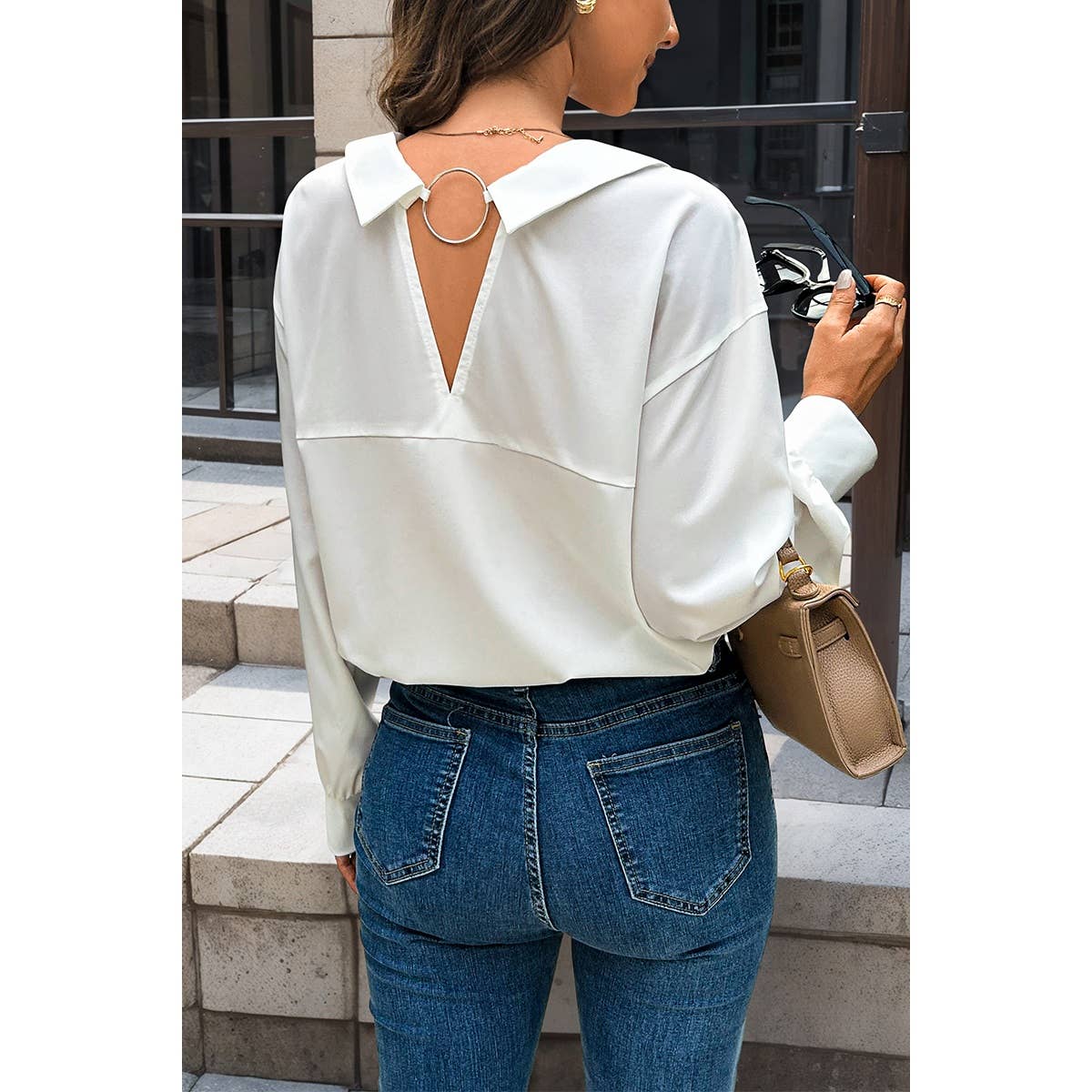 Button Down Loose Solid Silk Long Sleeves Blouse - MVTFASHION.COM