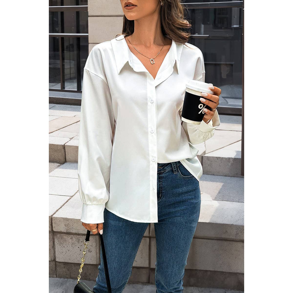 Button Down Loose Solid Silk Long Sleeves Blouse - MVTFASHION.COM