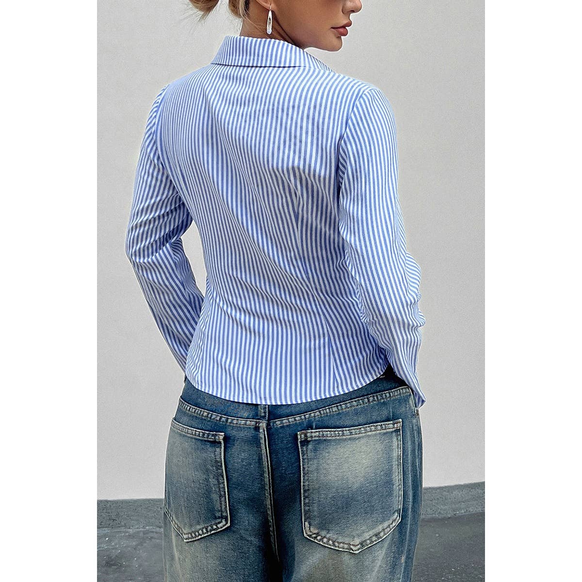 Button Down Striped Slim Fit Long Sleeve Blouse - MVTFASHION.COM