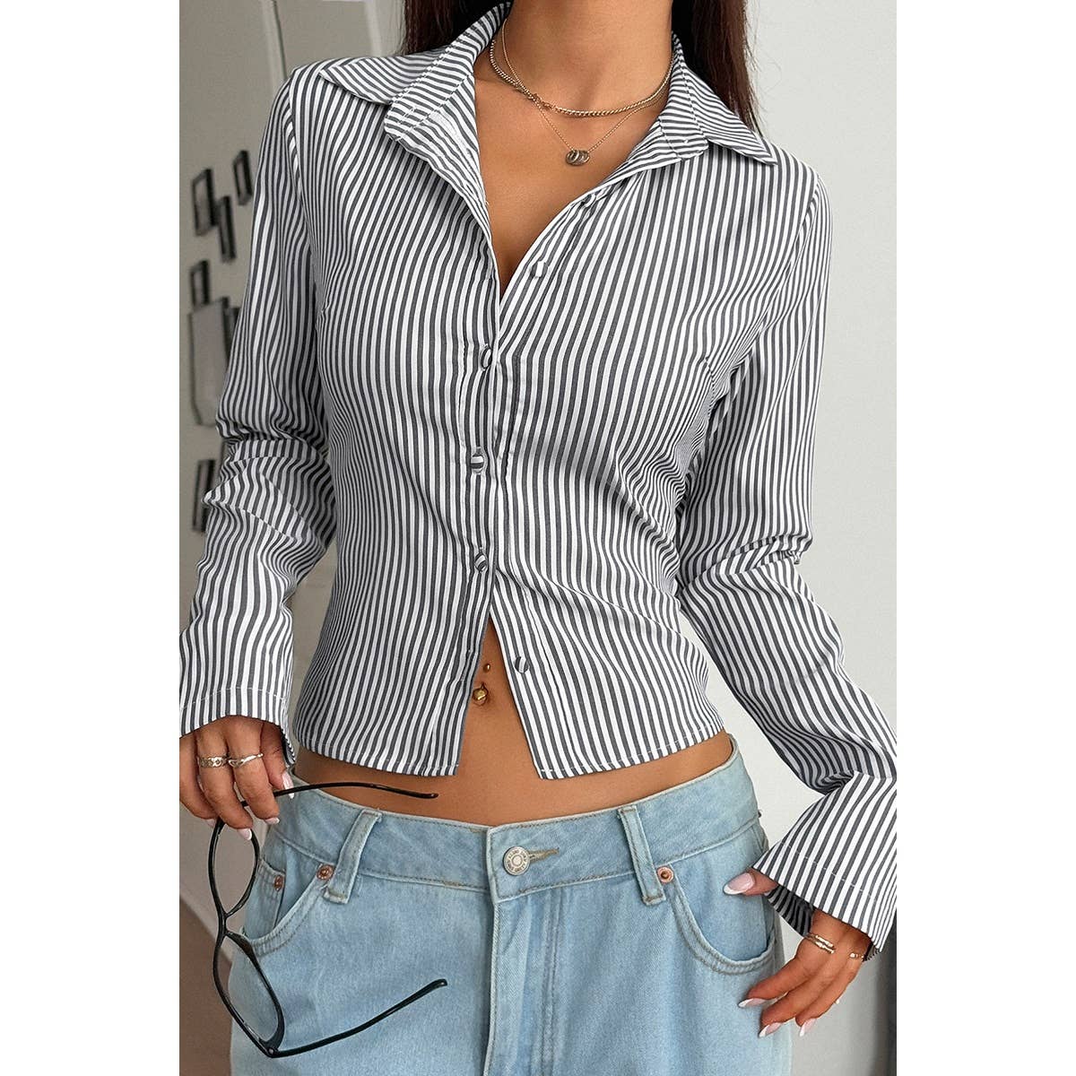 Button Down Striped Slim Fit Long Sleeve Blouse - MVTFASHION.COM