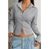 Button Down Striped Slim Fit Long Sleeve Blouse - MVTFASHION.COM