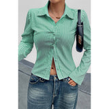 Button Down Striped Slim Fit Long Sleeve Blouse - MVTFASHION.COM