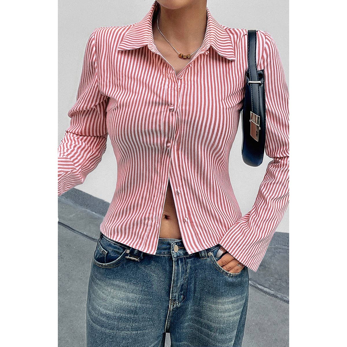 Button Down Striped Slim Fit Long Sleeve Blouse - MVTFASHION.COM