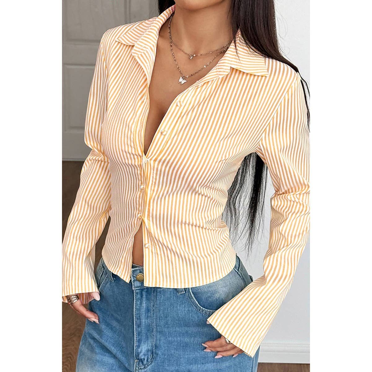Button Down Striped Slim Fit Long Sleeve Blouse - MVTFASHION.COM