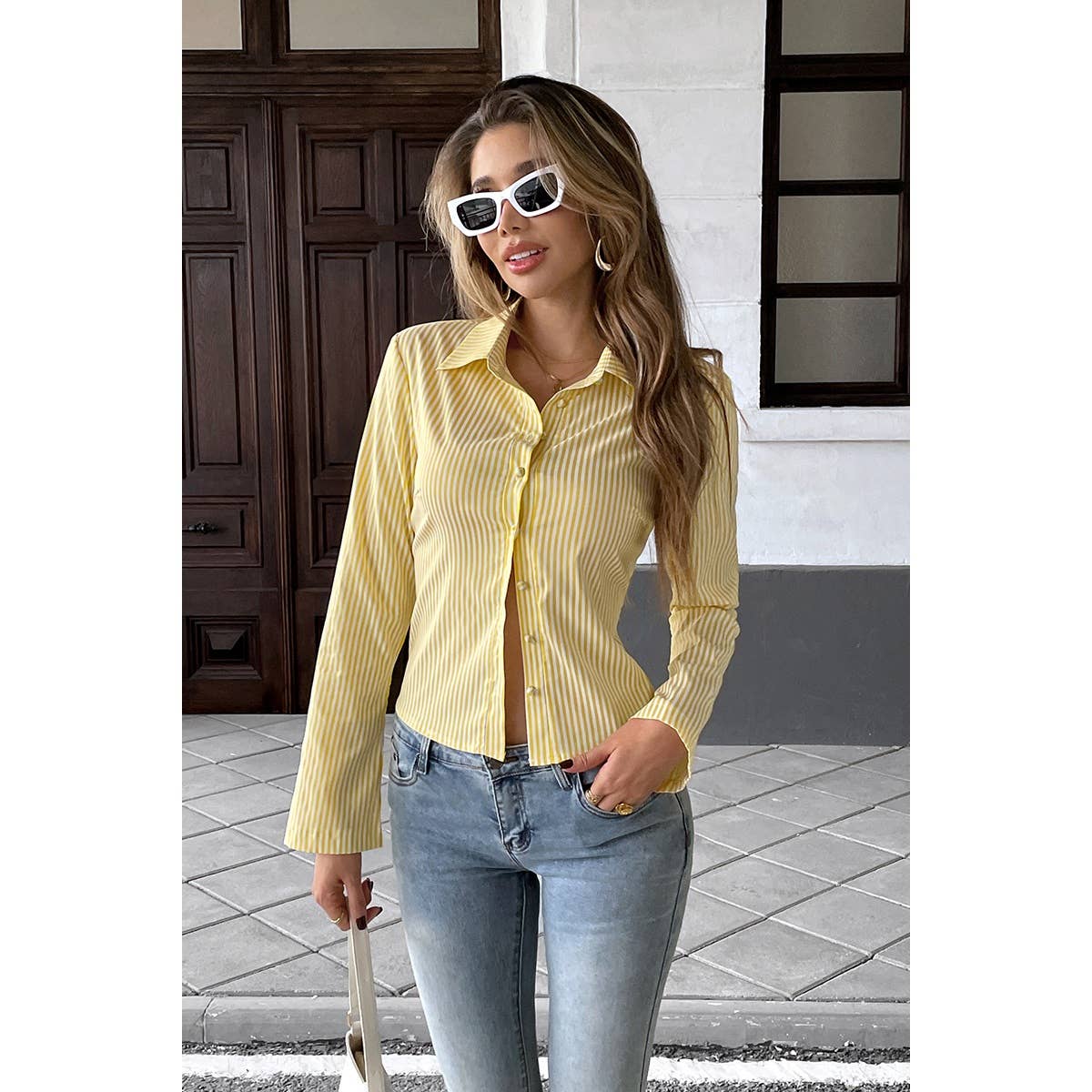 Button Down Striped Slim Fit Long Sleeve Blouse - MVTFASHION.COM