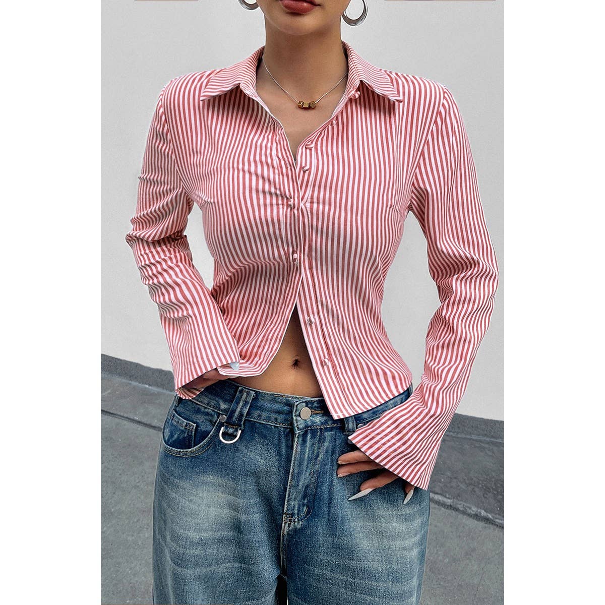 Button Down Striped Slim Fit Long Sleeve Blouse - MVTFASHION.COM