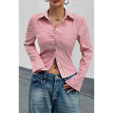 Button Down Striped Slim Fit Long Sleeve Blouse - MVTFASHION.COM