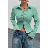 Button Down Striped Slim Fit Long Sleeve Blouse - MVTFASHION.COM