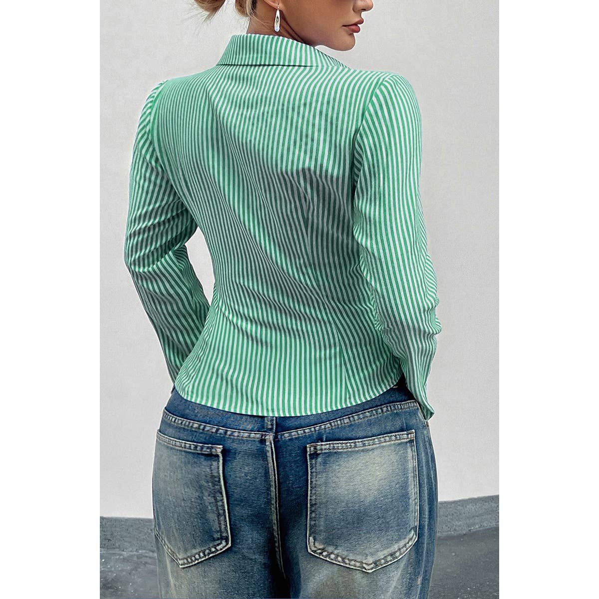 Button Down Striped Slim Fit Long Sleeve Blouse - MVTFASHION.COM