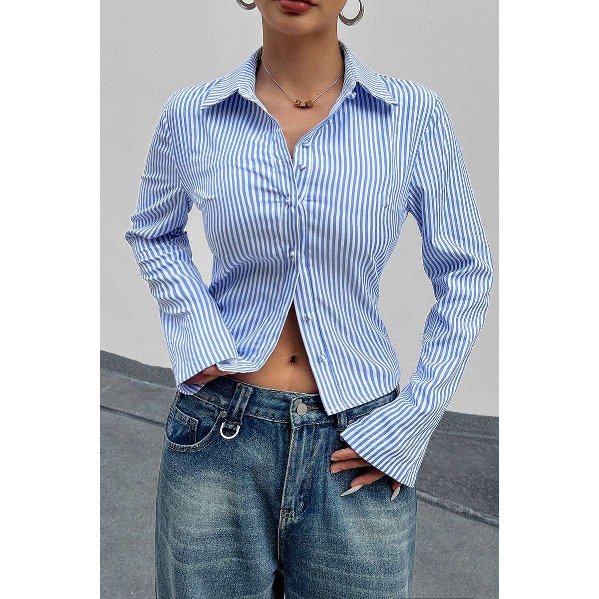 Button Down Striped Slim Fit Long Sleeve Blouse - MVTFASHION.COM