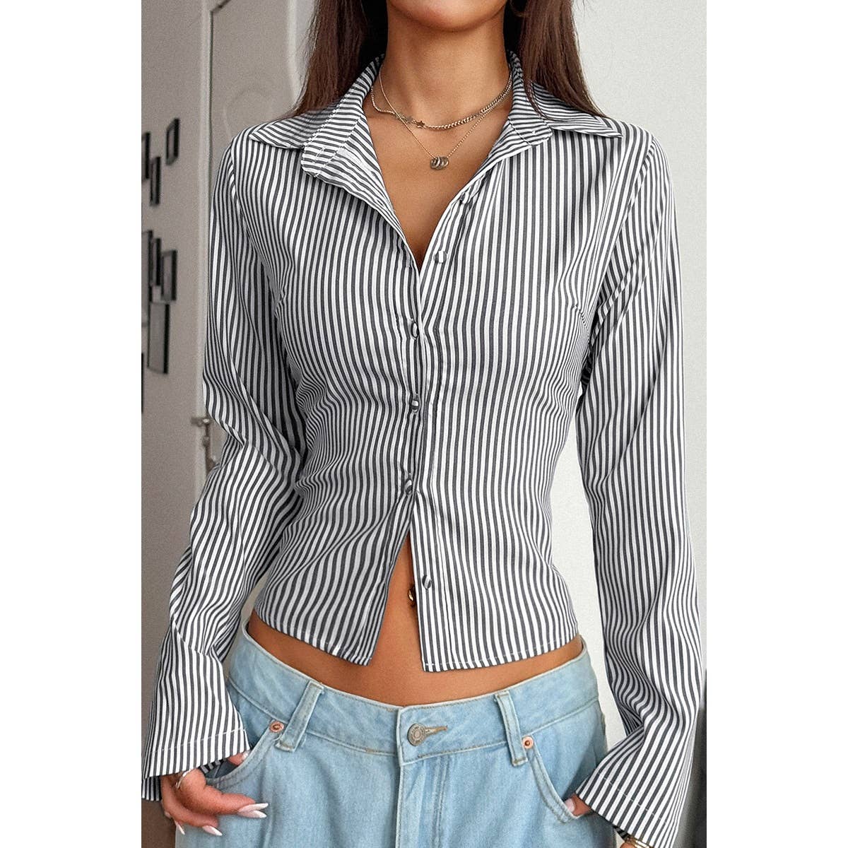 Button Down Striped Slim Fit Long Sleeve Blouse - MVTFASHION.COM