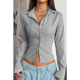 Button Down Striped Slim Fit Long Sleeve Blouse - MVTFASHION.COM