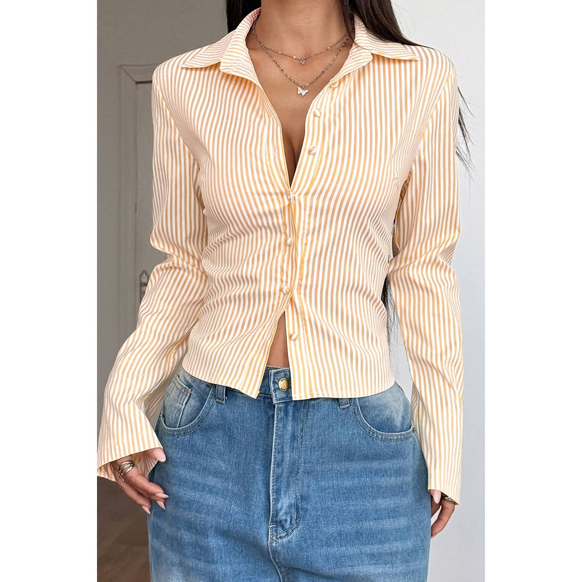 Button Down Striped Slim Fit Long Sleeve Blouse - MVTFASHION.COM
